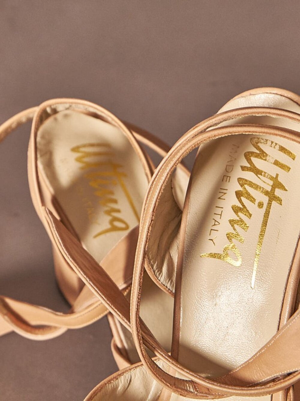 1970s Tan Beige Platforms Ultima Strapy Open Toe Heels